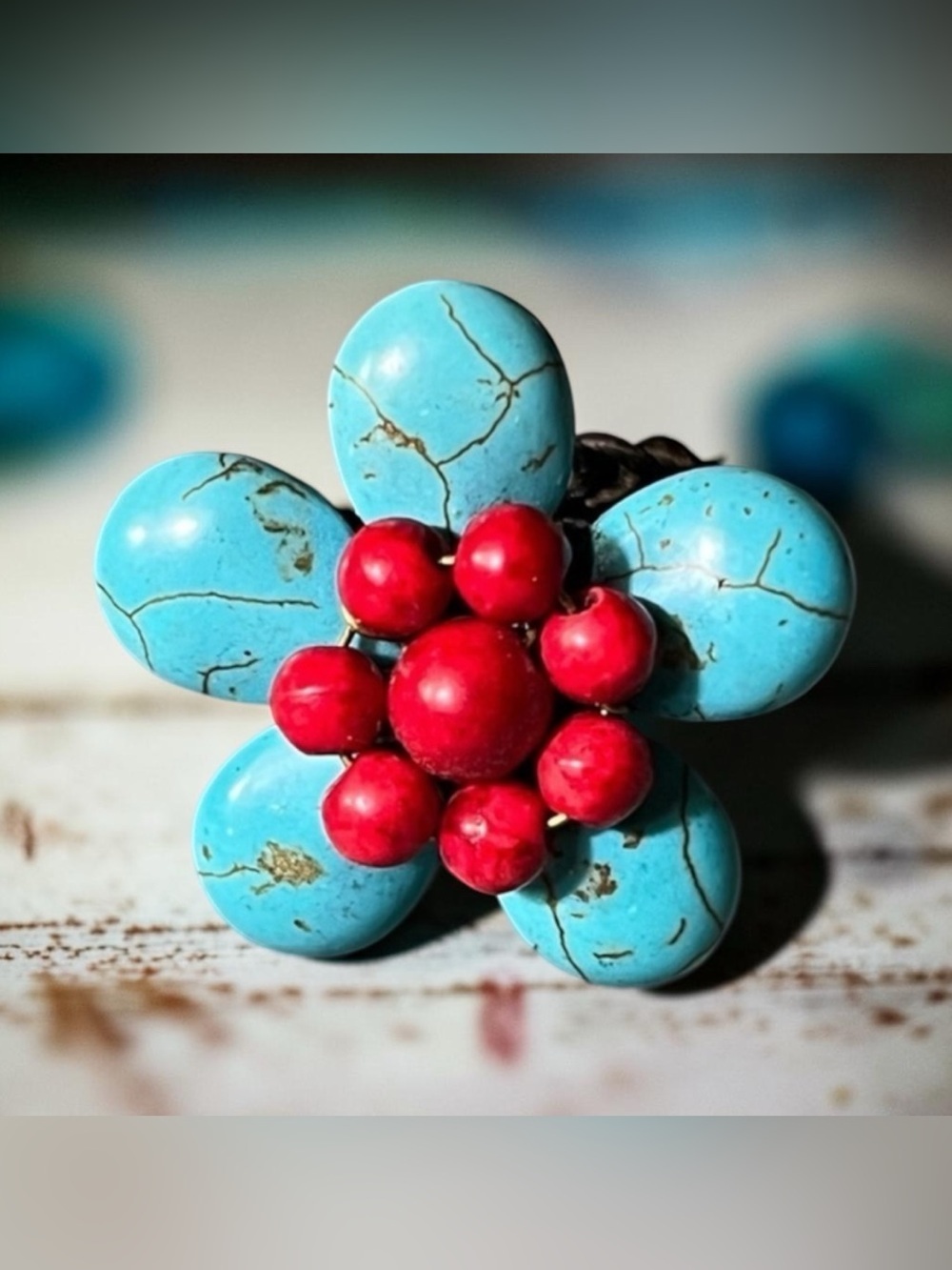 Turquoise/ Coral Beaded Flower Braided Band Handmade Ring